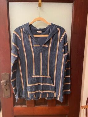 Faherty Striped Hooded Baja Pullover - Navy with Yellow & Pink Stripes